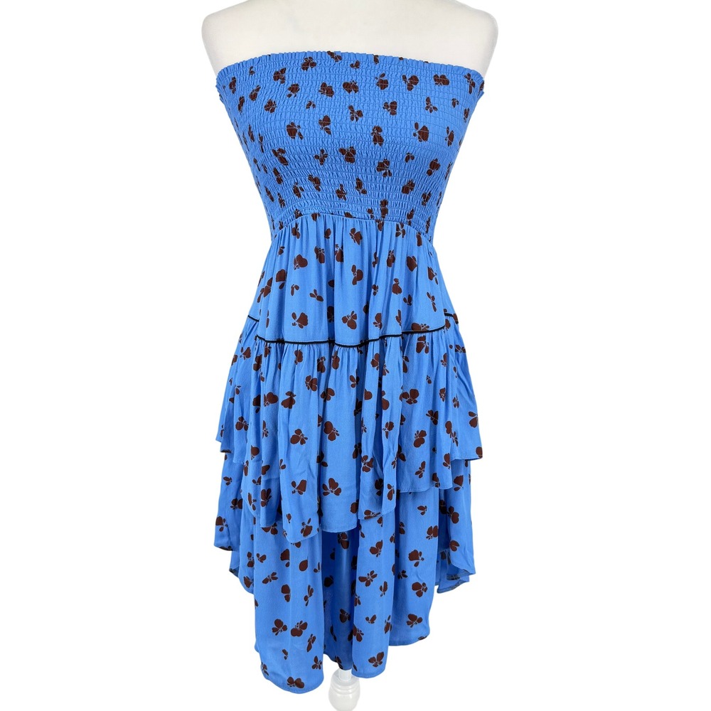 Ganni Roseburg Crepe Dress 40 Blue Floral Smocked Tiered NWT F2414 Marina